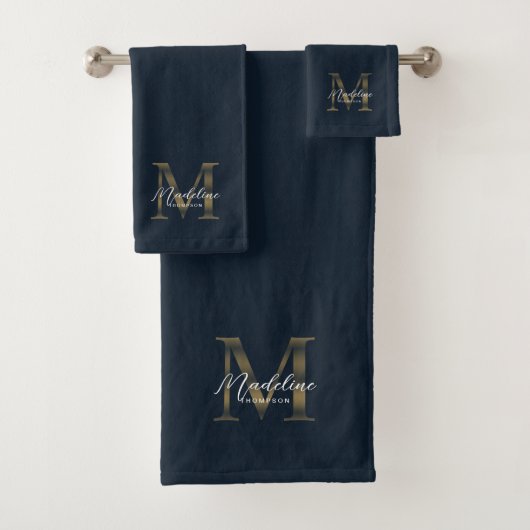 Minimalist Script Navy Blue Metallic Gold Monogram (En situation)