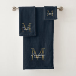 Minimalist Script Navy Blue Metallic Gold Monogram Bad Handdoek