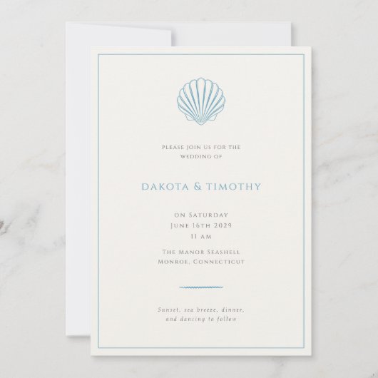 Minimalist Simple Blue Seashell Wedding invitation (Devant)