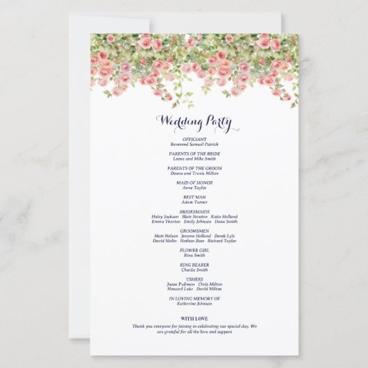 Minimalist Simple Pretty rose vine wedding program (Achterkant)