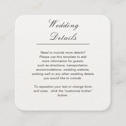 Minimalist simple white customizable wedding informatiekaartje (Voorkant)