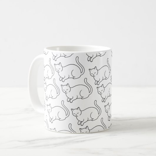 Minimalist Sleepy Cat Pattern Mug | Hand-Drawn Cer (Devant gauche)