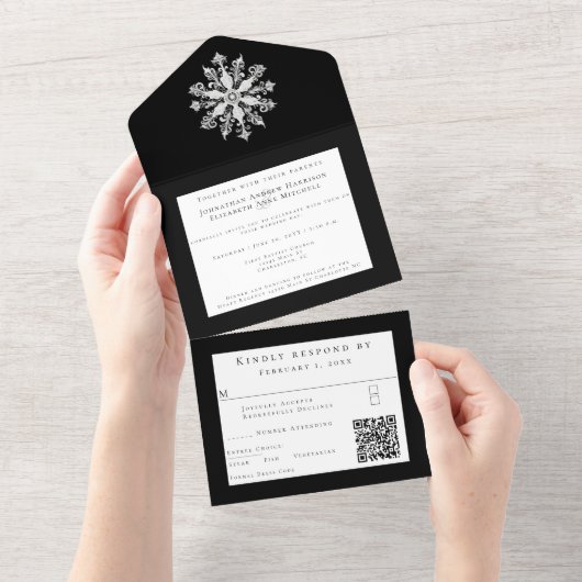 Minimalist Snowflake Wedding | Black All In One Uitnodiging (Afscheurbaar)