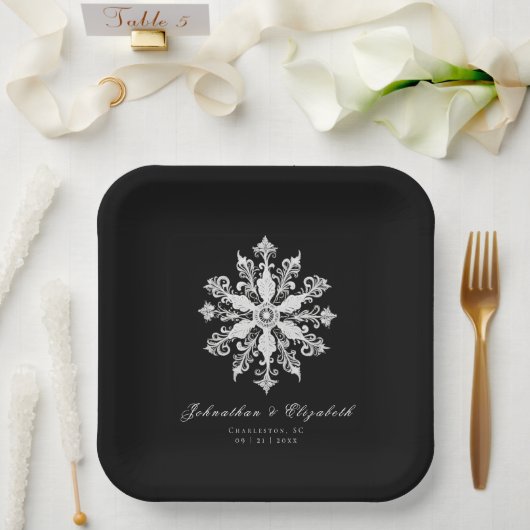 Minimalist Snowflake Wedding | Black Papieren Bordje (Huwelijk)
