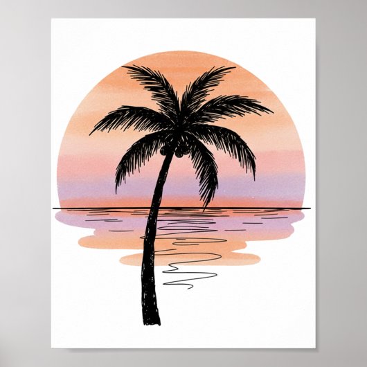Minimalist Sunset Beach Poster – Palm Tree Ocean (Devant)