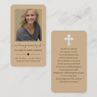Minimalist Tan Cross In Loving Memory Photo Card Visitekaartje