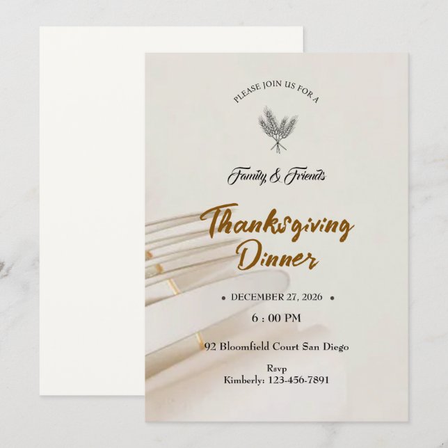Minimalist Thanksgiving Invitation (Devant / Derrière)