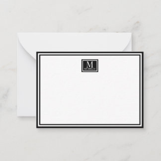 Minimalist Two Boarder Monogram Name Black Notitiekaartje