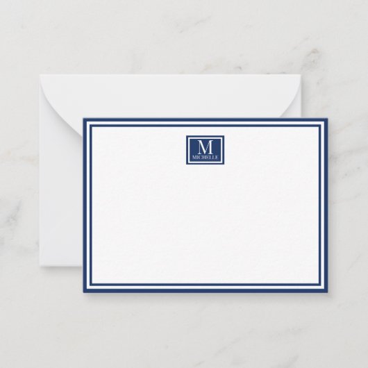 Minimalist Two Boarder Monogram Name Navy Blue Notitiekaartje (Voorkant)