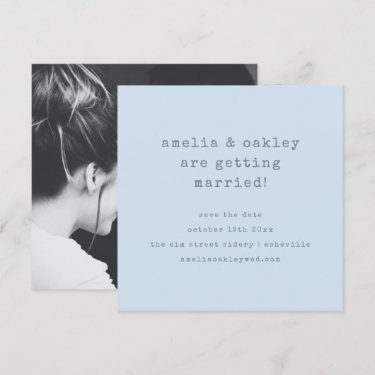 Minimalist Typewriter Retro Blue Wedding Photo Save The Date (Voorkant / Achterkant)