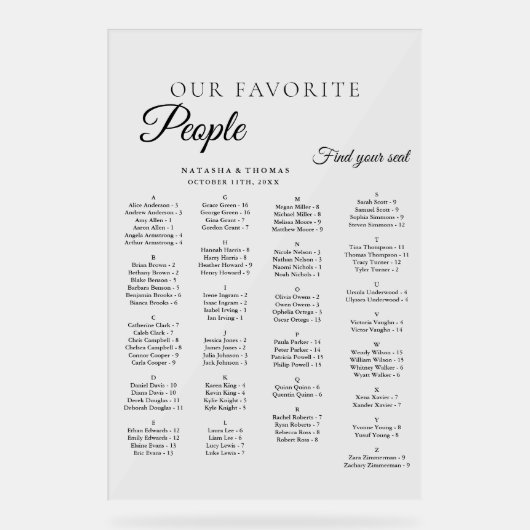 Minimalist Wedding Alphabetical Seating Chart Acryl Bord (Voorkant)