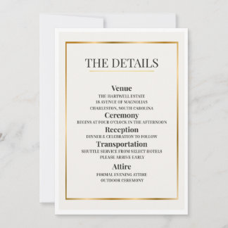 Minimalist Wedding Details Card – Gold Border Kaart