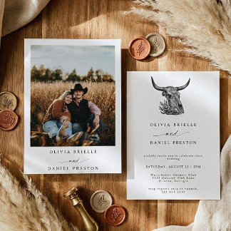 Minimalist Western Cow Skull Rustic Photo Wedding Kaart