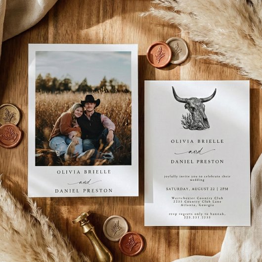 Minimalist Western Cow Skull Rustic Photo Wedding Kaart
