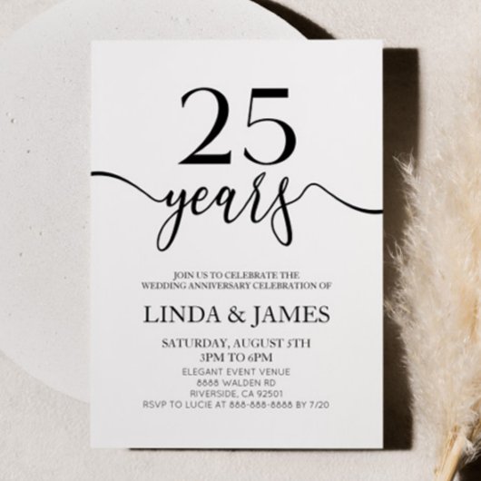 Minimalist White Black 25th Wedding Anniversary Kaart