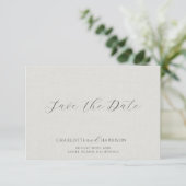 Minimalist White Faux Linen Save The Date (Staand voorkant)
