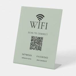 Minimalist WiFi Password Sign QR Code Sage Green Reclamebord Met Voetstuk
