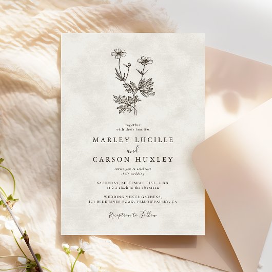 Minimalist Wildflower Ivory Texture Wedding Kaart