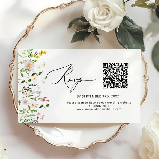 Minimalist Wildflower QR code wedding RSVP Informatiekaartje