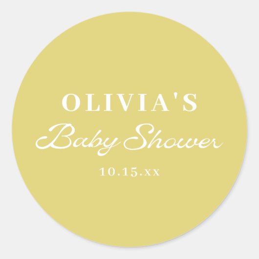Minimalist Yellow Retro Script Baby Shower Custom Ronde Sticker (Voorkant)
