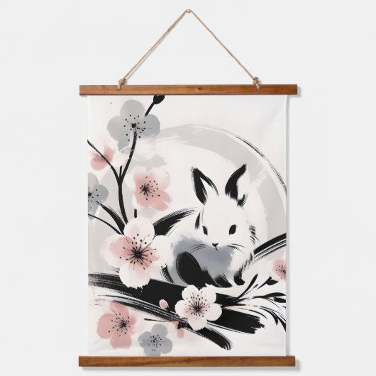 Minimalist Zen Ink Bunny Cherry Blossoms Hangend Wandkleed (Voorkant)