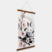 Minimalist Zen Ink Bunny Cherry Blossoms Hangend Wandkleed (Gebogen)