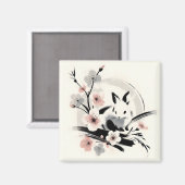 Minimalist Zen Ink Bunny Cherry Blossoms Magneet (Voorkant / Achterkant)