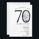Minimaliste avec Photo 70th Birthday Invitation<br><div class="desc">Célébrez une belle étape avec cette élégante et moderne invitation minimaliste 70ème anniversaire, personnalisez avec photo en nombre dans belle typographie. Conçue pour un être cher, cette invitation donne le ton d'un événement joyeux et mémorable. Créez un événement d'anniversaire mémorable avec un design aussi élégant et intemporel que la célébration...</div>