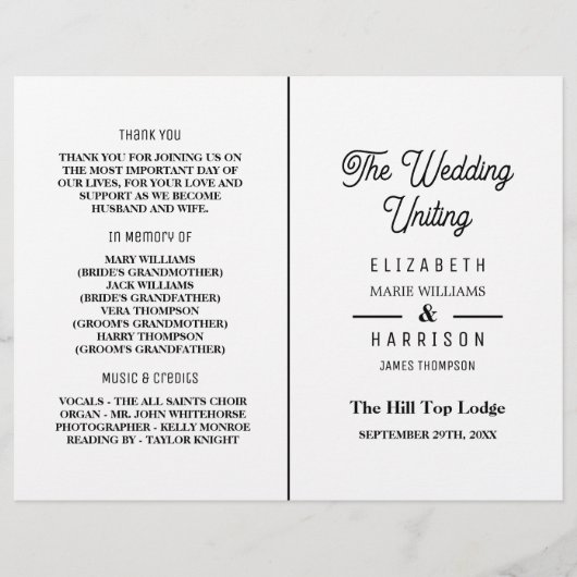 Minimaliste - Noir & Blanc - Programme de Mariage (Devant)