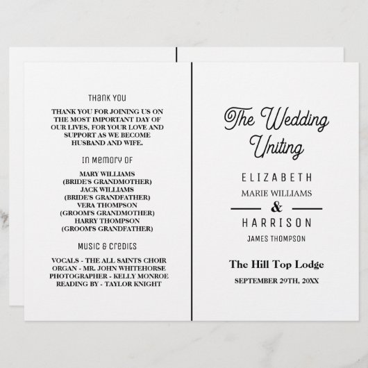 Minimaliste - Noir & Blanc - Programme de Mariage (Devant / Derrière)