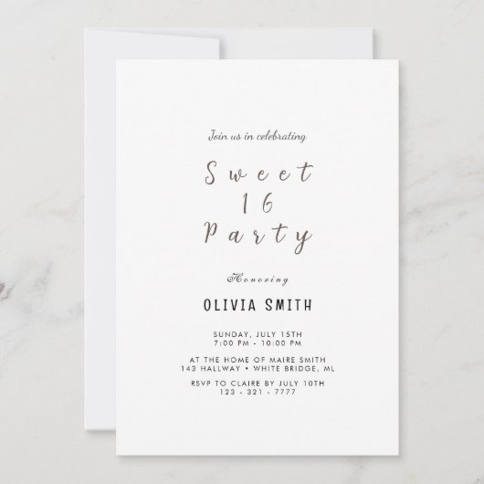 Minimaliste Sweet 16 Invitation d'anniversaire (Devant)