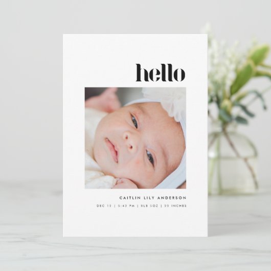 Minimalistic Bold "Hello" 5-Photo Baby Birth Aankondiging (Staand voorkant)