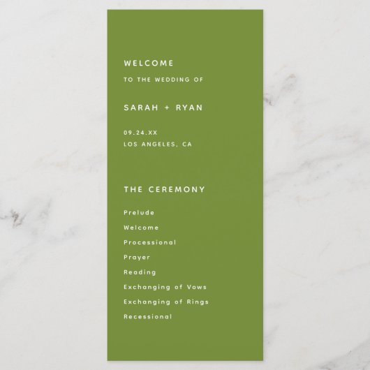 Minimalistic Dark Olive Green Wedding Ceremony Programma (Voorkant)