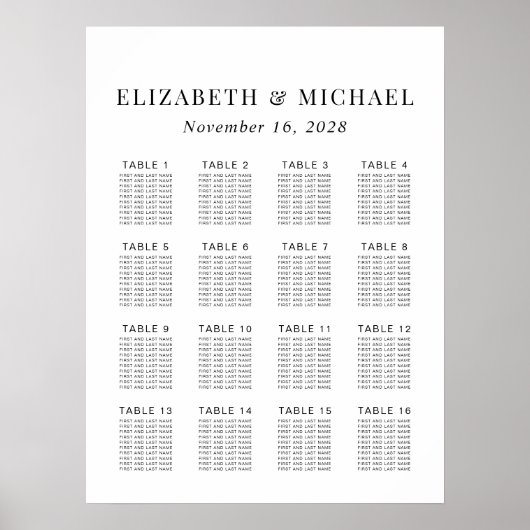Minimalistisch 16 tafel bruiloft zitgrafiek poster (Voorkant)