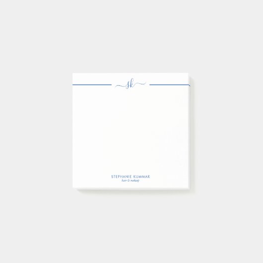 Minimalistisch Aangepast Blauw op Wit Script Monog Post-it® Notes (Voorkant)