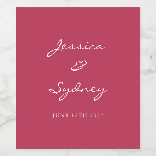 Minimalistisch aangepast Magenta Red Script Wedden Wijn Etiket (Enkel label)