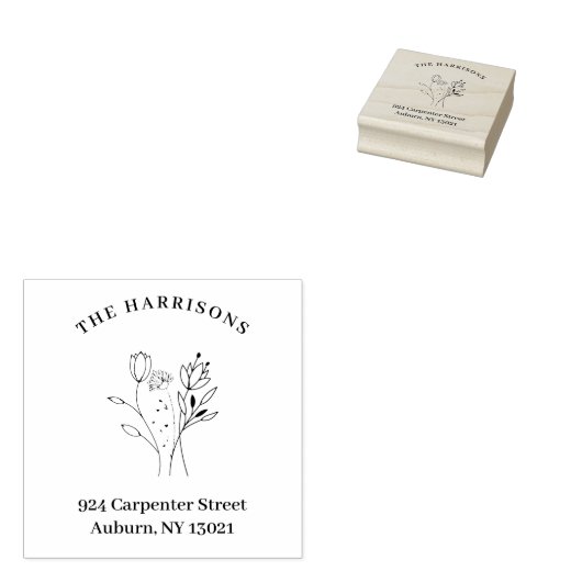 Minimalistisch adres Botanische Wildbloemen Bouque Rubberstempel (Gestempeld)