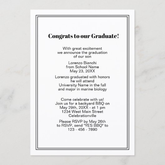 Minimalistisch Afstuderen met zwarte en witte comp Aankondiging (Achterkant)