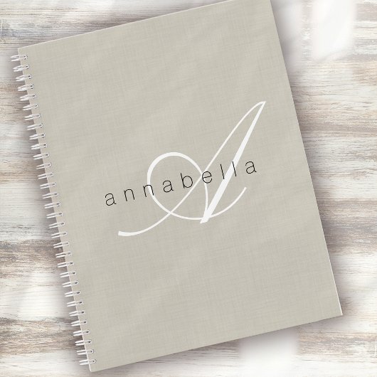 Minimalistisch Beige Linnen Monogram Script Notitieboek