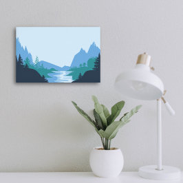 Minimalistisch berg- en rivierlandschap poster