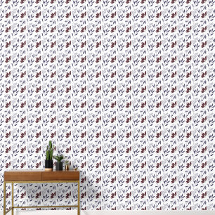 Minimalistisch bladpatroon blauw bordeaux wit behang