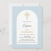 Minimalistisch Blauw en Goud Kruis Doop Kaart (Voorkant)