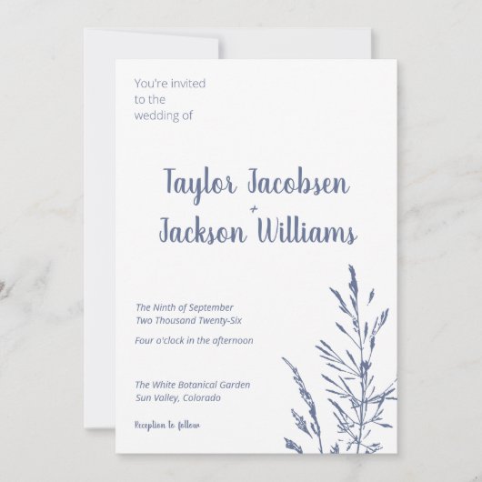 Minimalistisch blauw en wit bruiloft kaart (Voorkant)