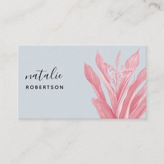 Minimalistisch blauw roze botanisch elegant script visitekaartje (Voorkant)
