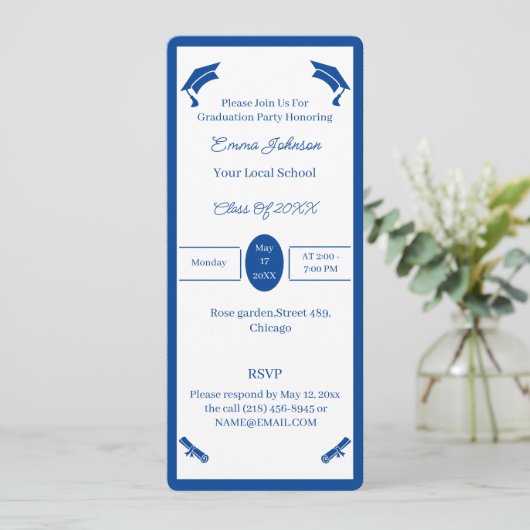 Minimalistisch blauw-wit gepersonaliseerd Afstuder Kaart (Staand voorkant)