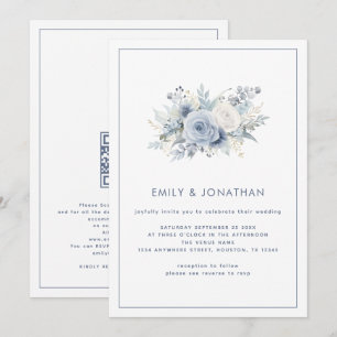 Minimalistisch Blauwe Bloemen Lijn Rand QR Bruilof Kaart