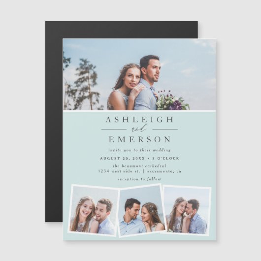 Minimalistisch blauwe fotocollage bruiloft magnetische uitnodiging (Voorkant / Achterkant)