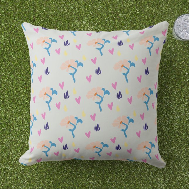 Minimalistisch bloem- en hartpatroon buitenkussen (Gras)