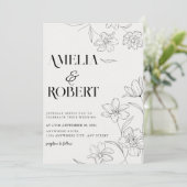 Minimalistisch bloemenzwart-wit bruiloft kaart (Staand voorkant)