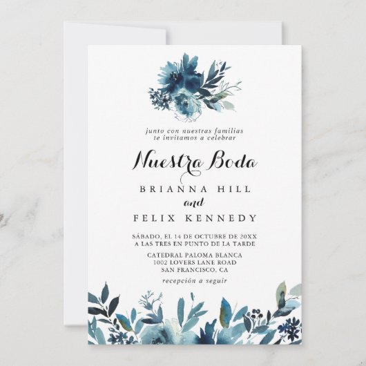 Minimalistisch Blue Floral Nuestra Boda Wedding Kaart (Voorkant)